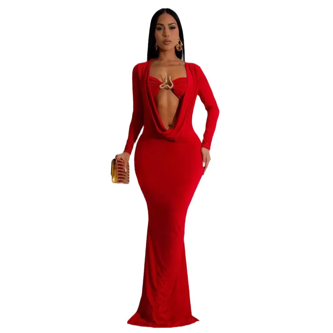 TW570 Стильное темпераментное платье с глубоким V-образным вырезом и подвеской