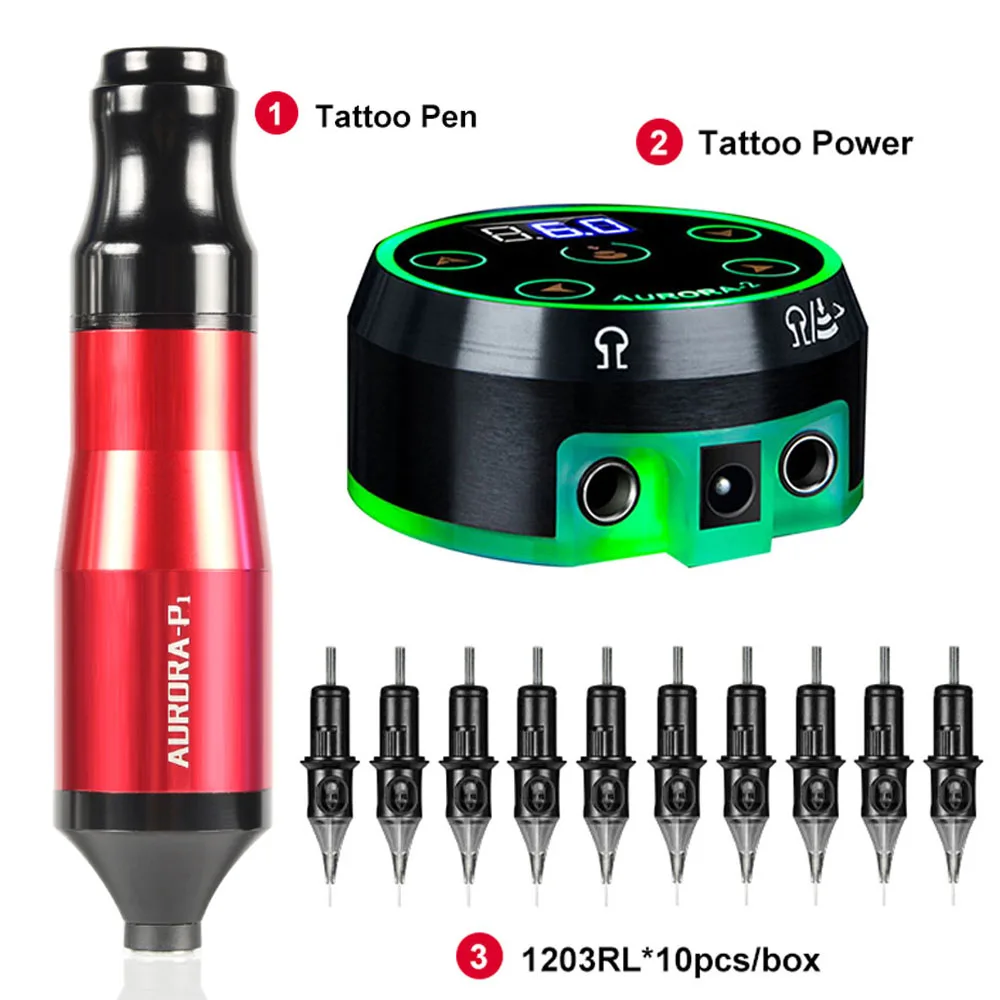 Tattoo Machine Kit Profession Aurora P1 Tattoo Pen with Aurora II Tattoo Power Supply 10Pcs 3RL Needles Set for Tattoo Body Art