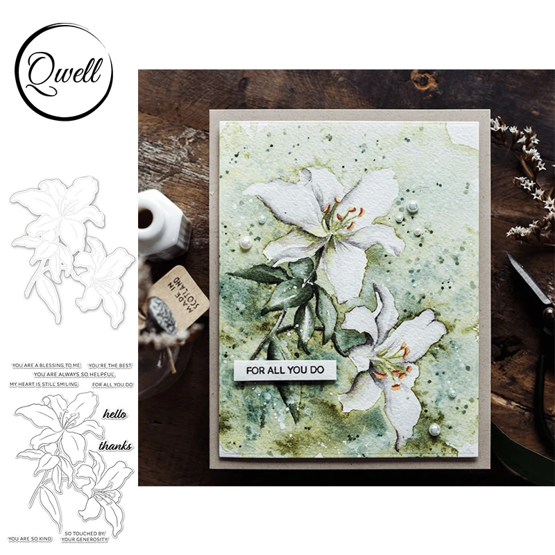 

QWELL Fragrant Lily Metal Cutting Dies with Coordinating Clear Stamps Sentiments YOU ARE SO KIND DIY Paper Cards Craft 2022 New