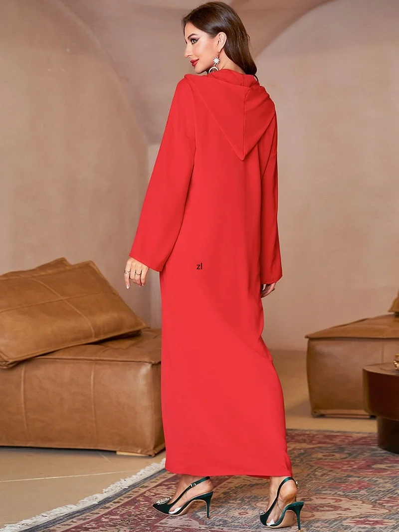 Hand Sewn Dubai Abaya Moroccan Party Kaftan Women Muslim Arabic Hooded Robe Islam Saudi Gulf Djellaba Red Abayas Wedding