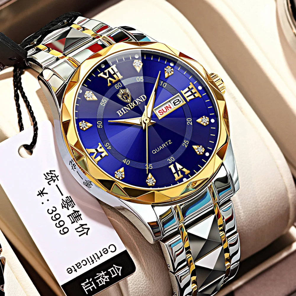 

Модные синие кварцевые часы для мужчин, водонепроницаемые светящиеся мужские часы из нержавеющей стали, деловые наручные часы с датой, мужс...