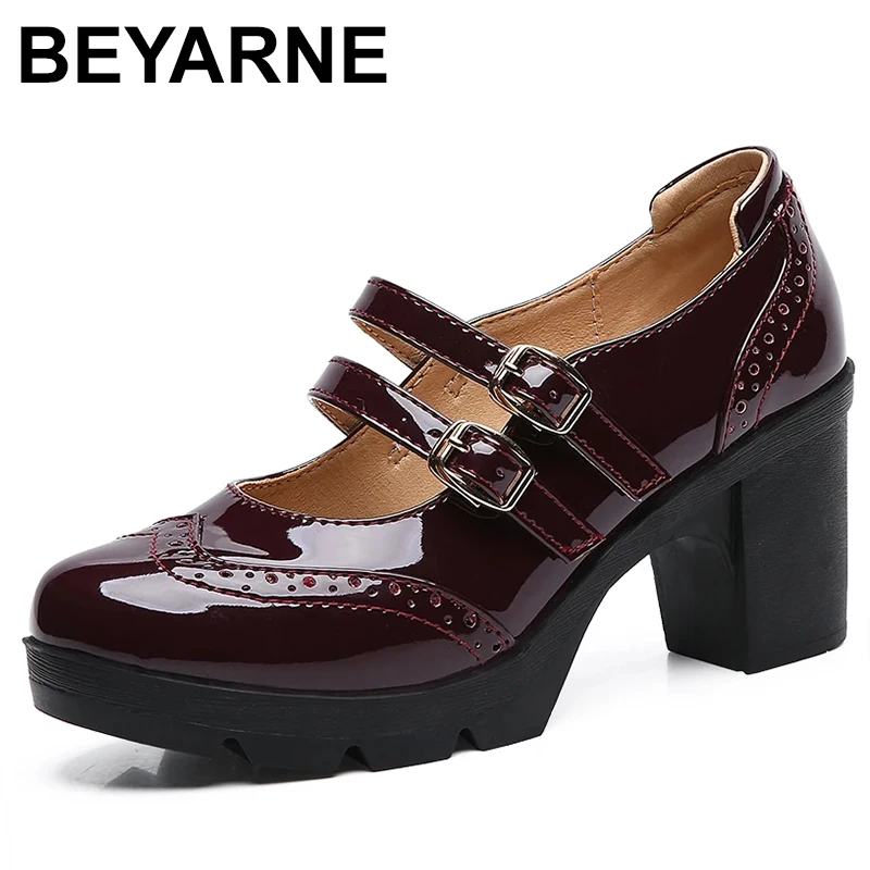 

Туфли-лодочки женские из натуральной кожи, высокий каблук, броги, квадратный каблук, блестящие, лакированная кожа, туфли-лодочки