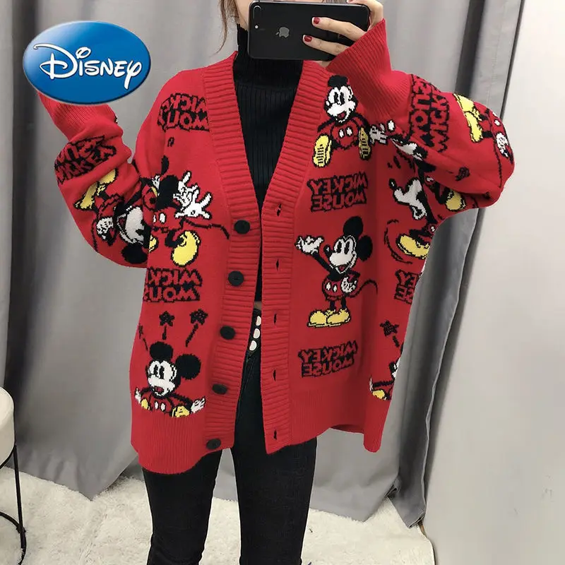 Disney-cárdigan de Mickey para mujer, suéter de punto salvaje, chaqueta holgada de manga larga gruesa