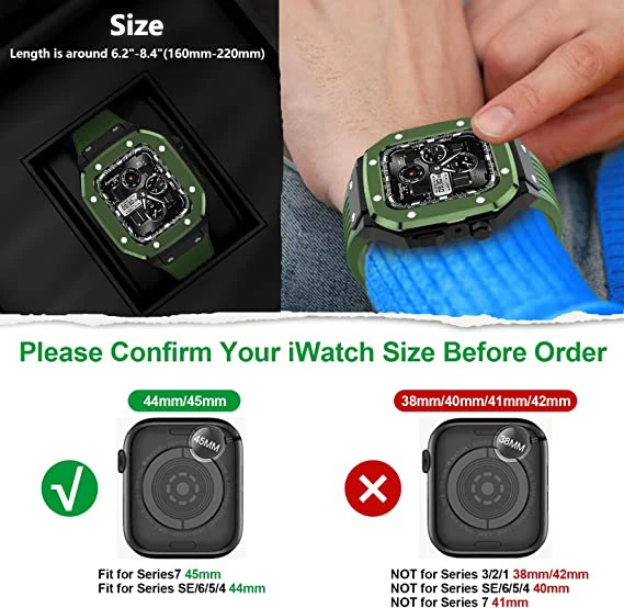 Mod Kit Stainless Steel Case+Strap For Apple Watch 6 5 4 SE 44MM Modification Alloy Frame Rubber Band For iWatch Series 8 7 45mm