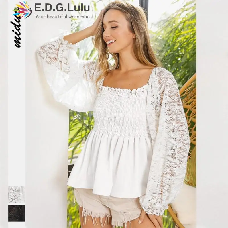 

EDGLuLu Square Neck Hollow Embroidery Lace Long Sleeve White Shirts Women Sweet Loose Pullover Blouses Female Summer 0822