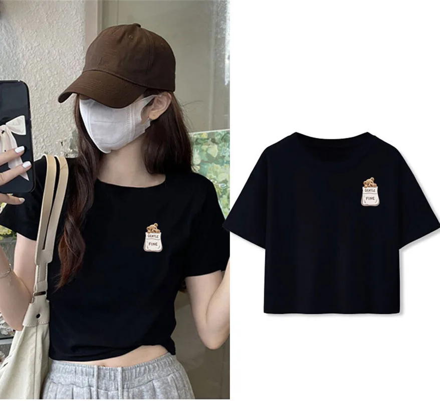 

Korean Style Summer Cute Pocket Bear Casual Loose Cotton Short Sleeve Sexy Crop Top Tshirt For Petite Physique Girl Clothes