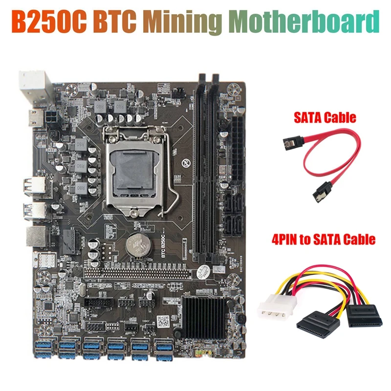 

NEW-B250C Mining материнская плата с 4-контактным кабелем SATA + кабель SATA 12 PCIE к USB3.0 слот GPU LGA1151 поддержка DDR4 RAM для BTC