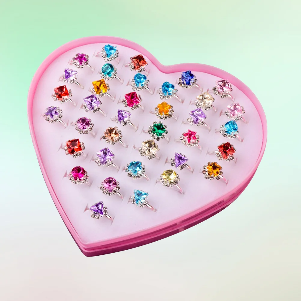 

36 Pcs Children Kids Rings Baby Toy Rings Diamond Rings Dress Up Pretend Play Rings with Love Box (Mixed Color)
