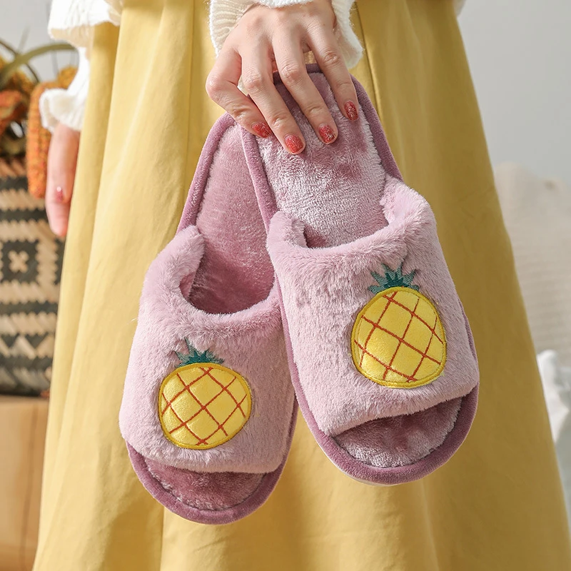 

2021 женские милые Мультяшные фрукты пушистые домашние тапочки зимние плюшевые шлепанцы модная женская обувь из искусственного меха