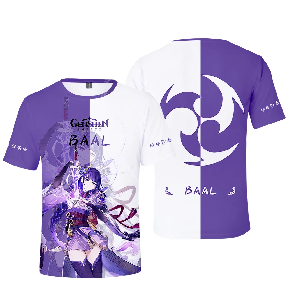 

Футболка Kawaii Genshin Impact для мужчин и женщин, новые детские летние топы с принтом BAAL, повседневные футболки для мальчиков и девочек с героями му...