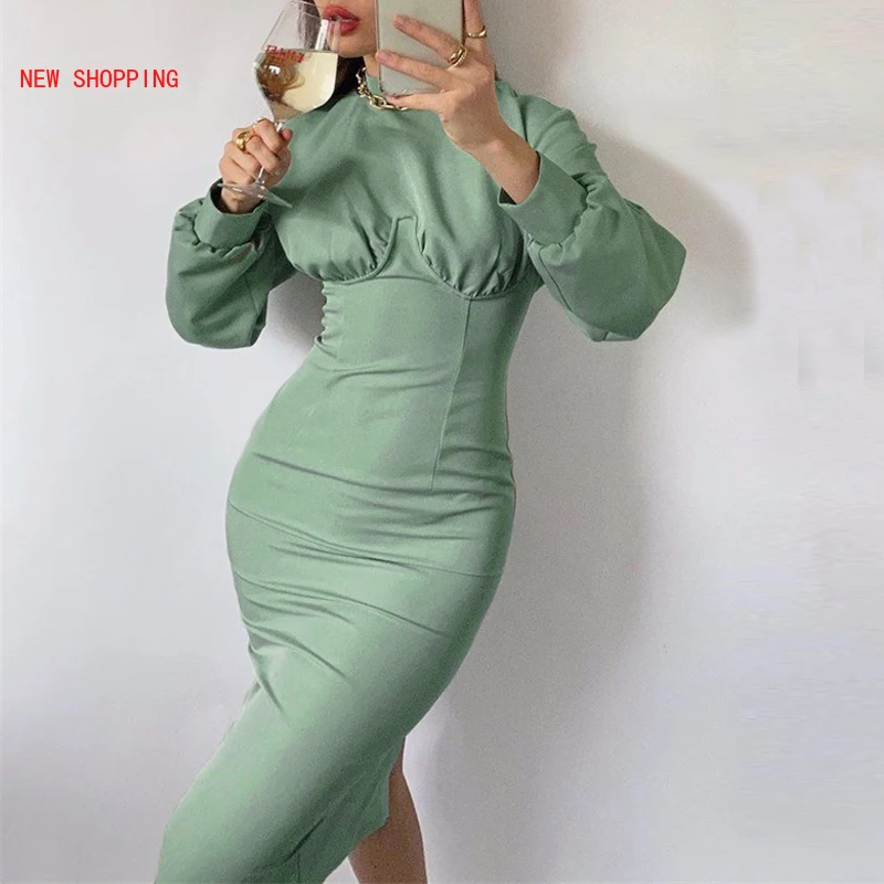 

Elegant Ladies Turtleneck Bodycon Long Dress Woman 2023 Spring Autumn Full Sleeve Party Dress Green Office Dresses Retro 50s 60s