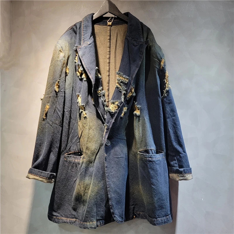 DEAT женский джинсовый пиджак свободный со старыми сломанными отверстиями
