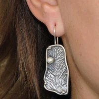 simple irregular old metal hook earrings inlay white pearl vintage jewelry carved texture drop earrings for women