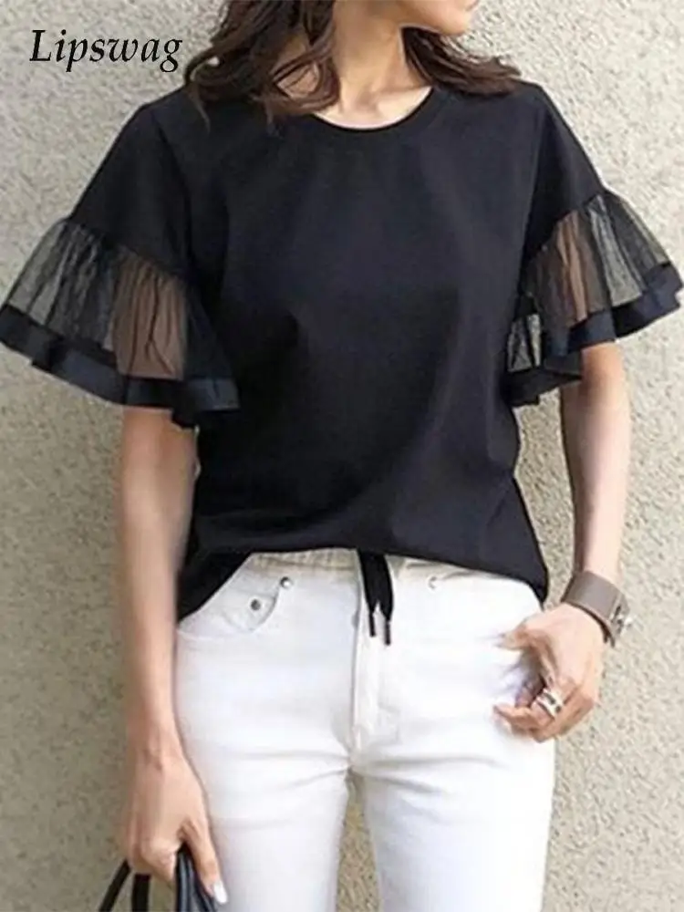 

2022 New Fashion Mesh Panel Flared Sleeve Blouse Women Casual Commute Shirts Summer Elegant Ladies Round Neck Loose Black Blusa
