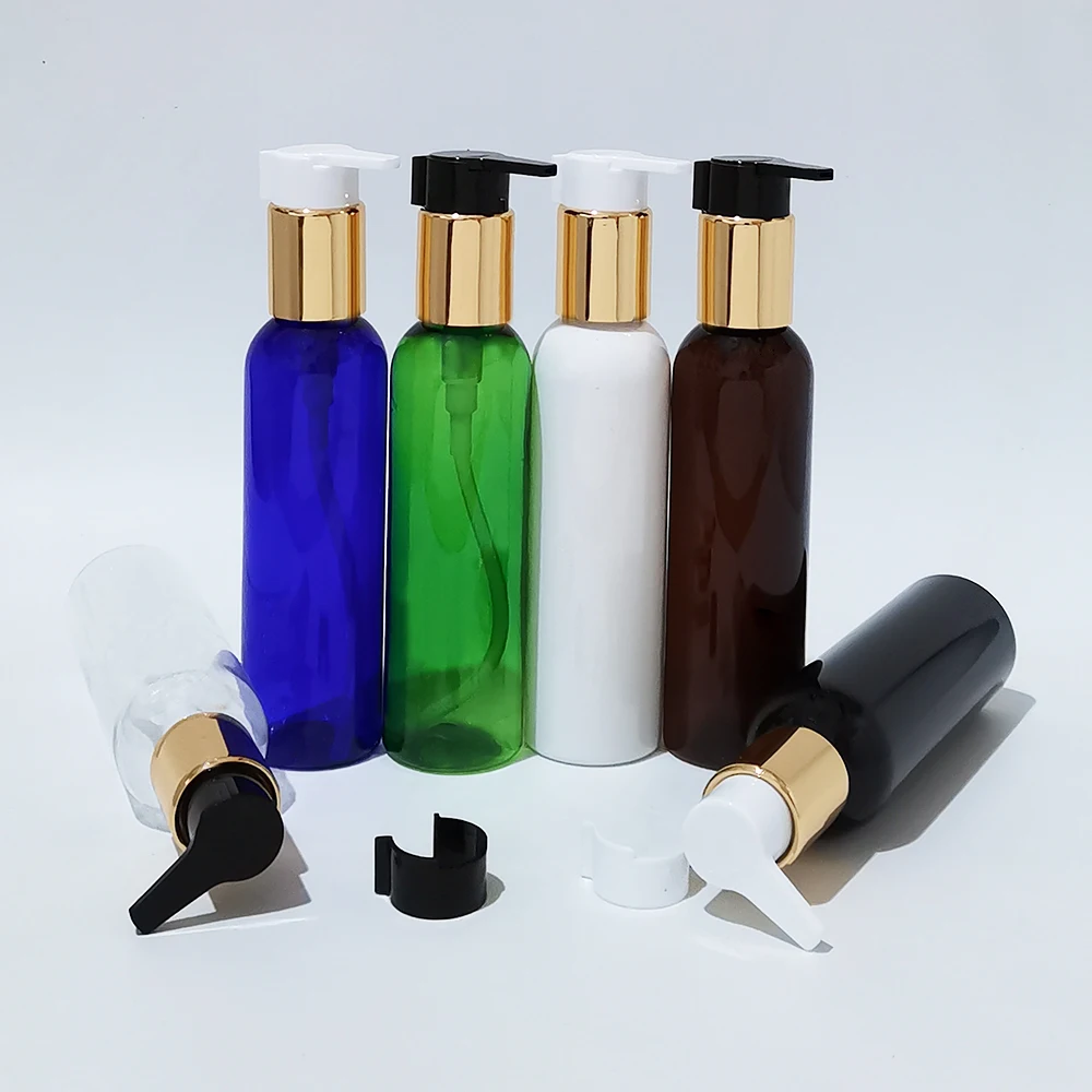 

150ml Plastic PET Bottles With Gold Silver Aluminum Lotion Pump 5oz Transparent White Black Container For Liquid Soap Shower Gel