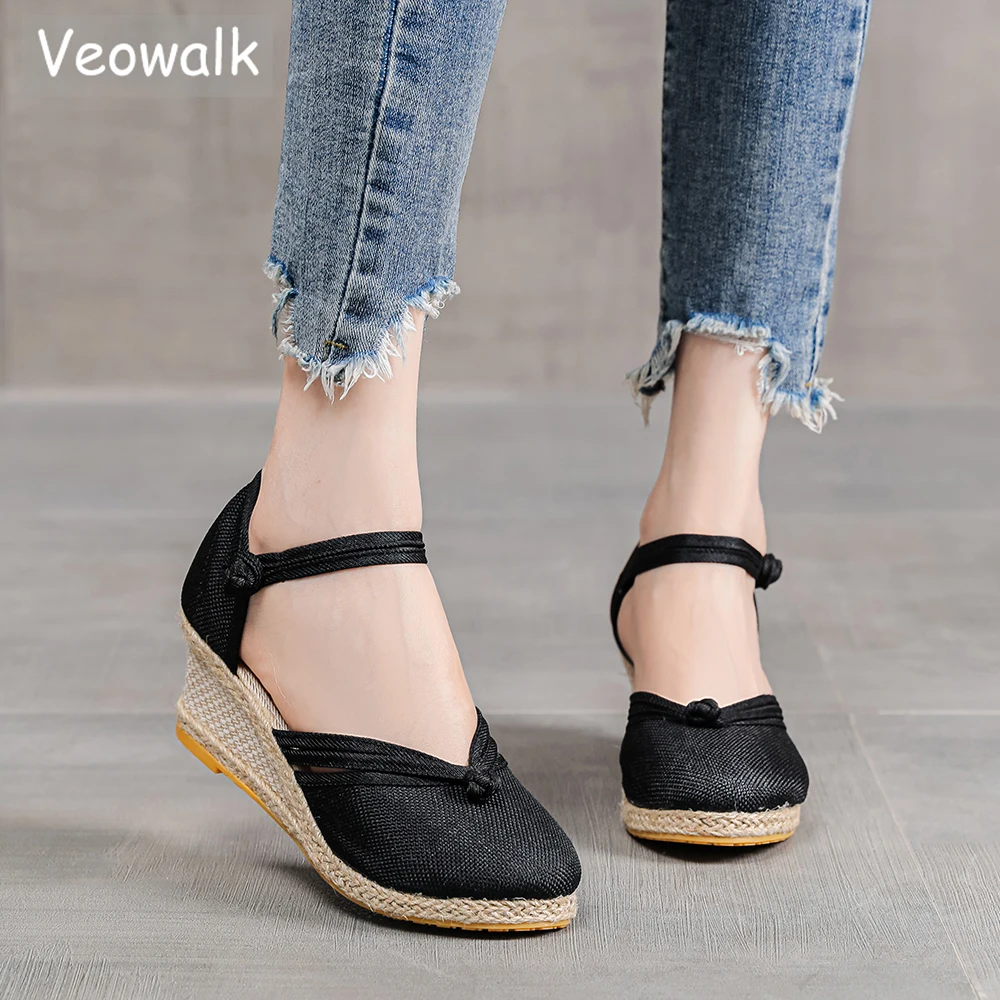 

Veowalk Women Linen Cotton 6cm High Heel Wedge Espadrilles Sandals Summer Handmade Ladies Ankle Strap Comfortable Casual Shoes