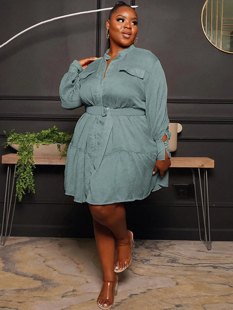 Women Dress Free Shipping Plus Size Elegant Long Sleeve Shirt Dress Pleated Sexy Short Dress Wholesale Bulk Dropshipping