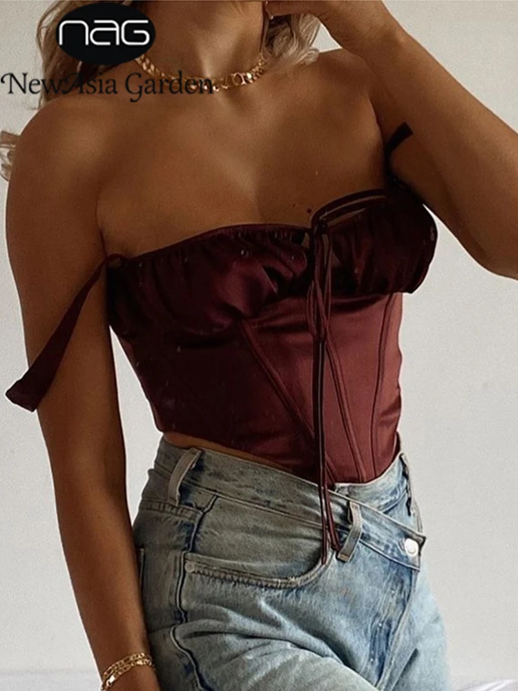 

NewAsia Corset Top y2k Cami Women Boned Tie up Cut Out Square Neck Zipper Ruched Padded Tank Top Satin Party Club Casual Outfits