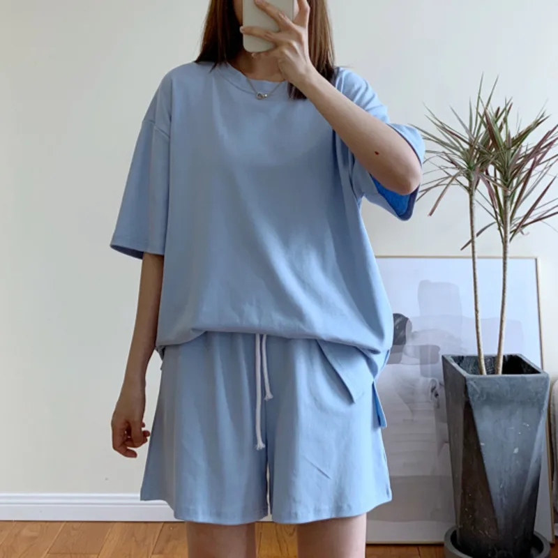 

Summer Women Tracksuit O-neck Loose Cotton Short Sleeve Oversize T-shirt High Waist Wide Leg Shorts Sports Suit Casual Homewear