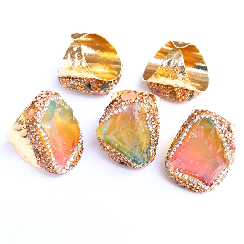 

Micro Inlay Rainbow Natural Crystal Open Ring for Women Girls Handmade Irregular Chip Stones Finger Jewelry Party Gifts