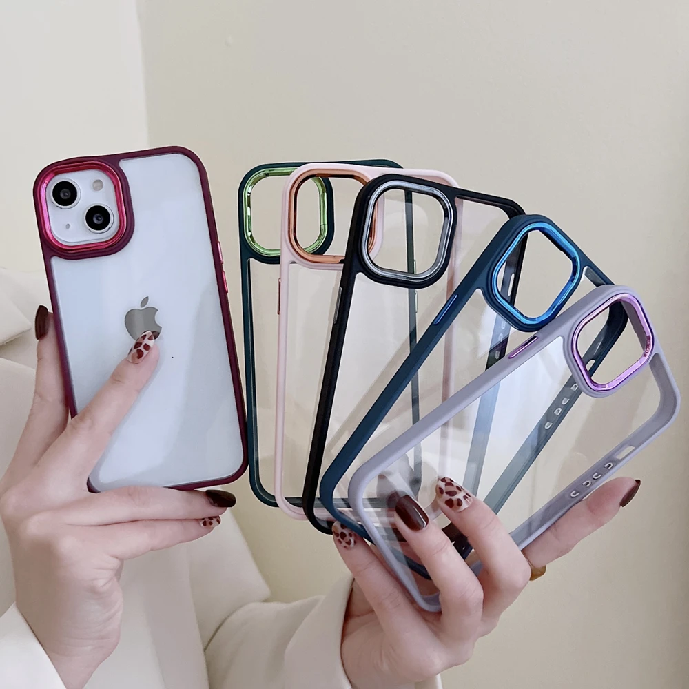 

Luxury Plating Lens Protection Phone Bumper Case For iPhone 12 11 13 Pro XR X Xs Max 8 7 Plus Shockproof Clear Hard Back Cover