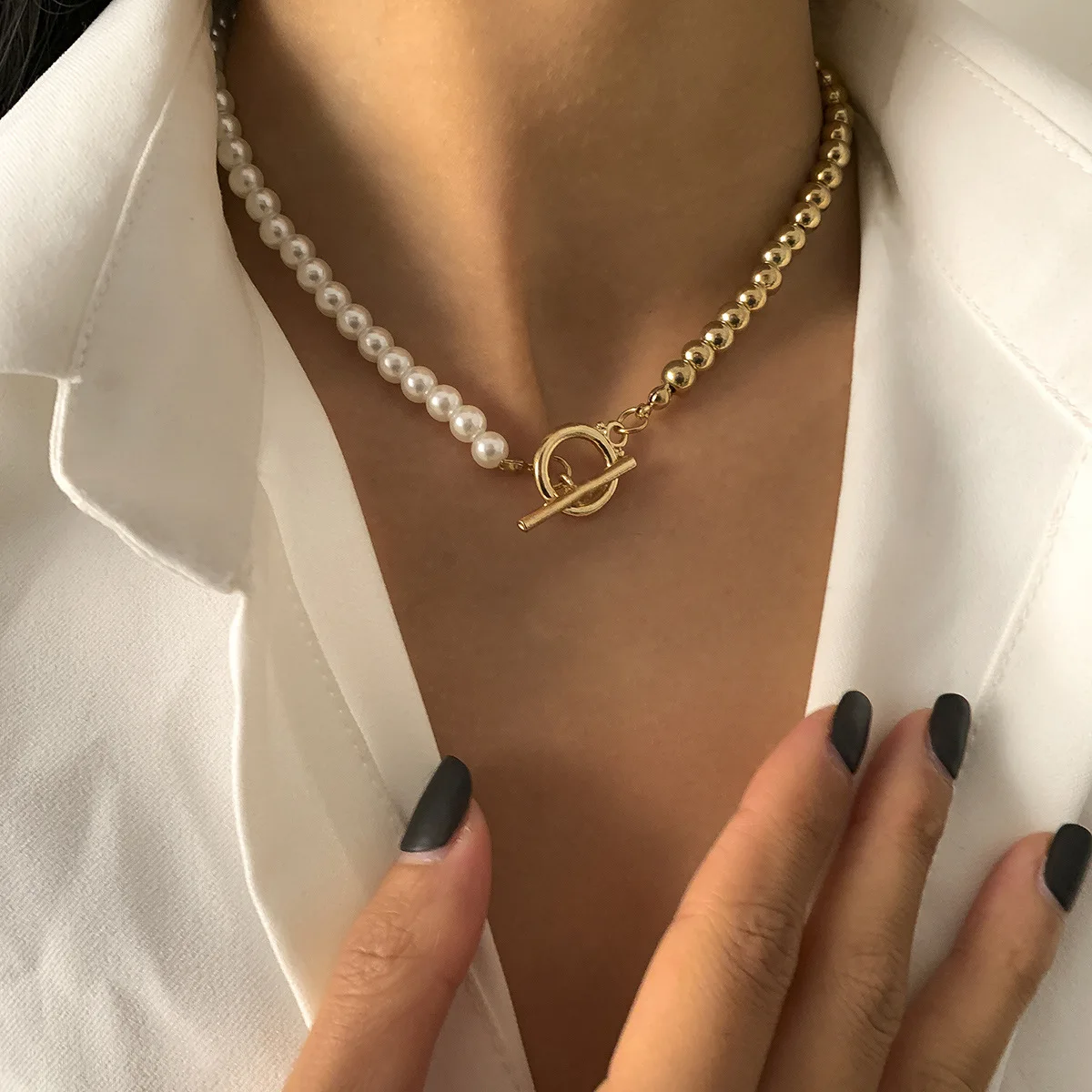 

Ailodo Asymmetric Pearl Chain Choker Necklace For Women Gold Silver Color Beads Strand Necklace Fashion Jewelry Girls Gift 2022
