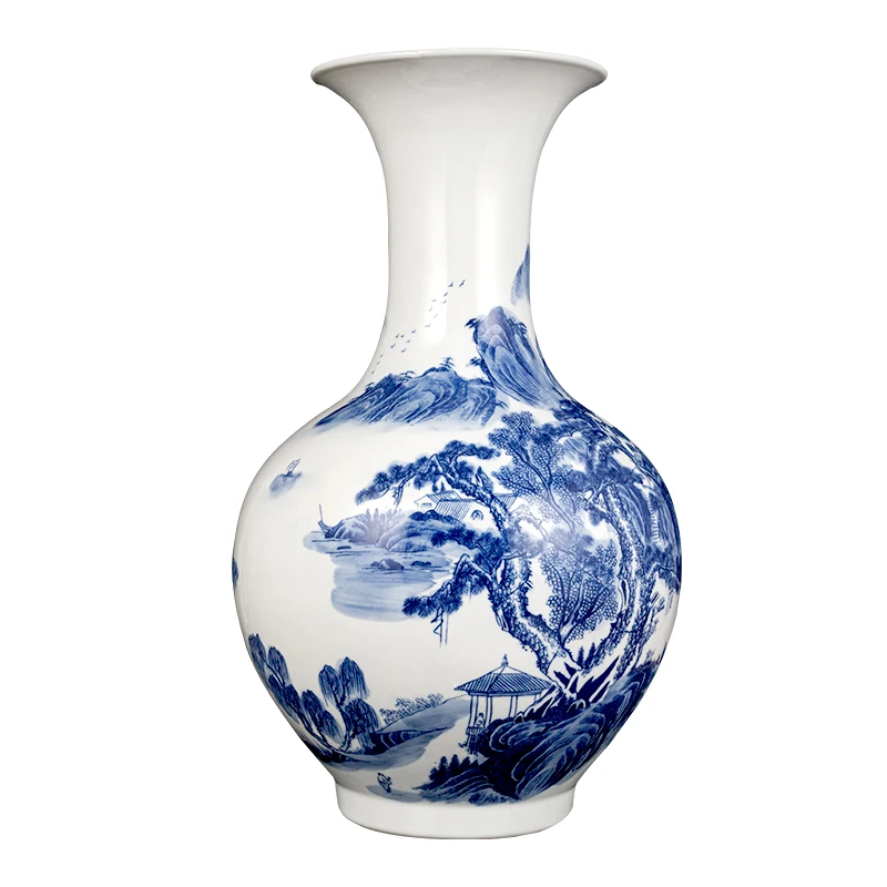 

Керамическая декоративная ваза Цзиндэчжэнь, сине-белый фарфор, ручная роспись, китайская пейзажная живопись, антикварные украшения на полку