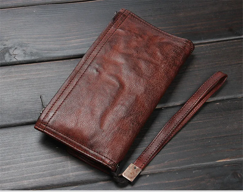 Fashion design handmade genuine leather ladies long clutch wallet vintage soft natural first layer cowhide men's phone purse