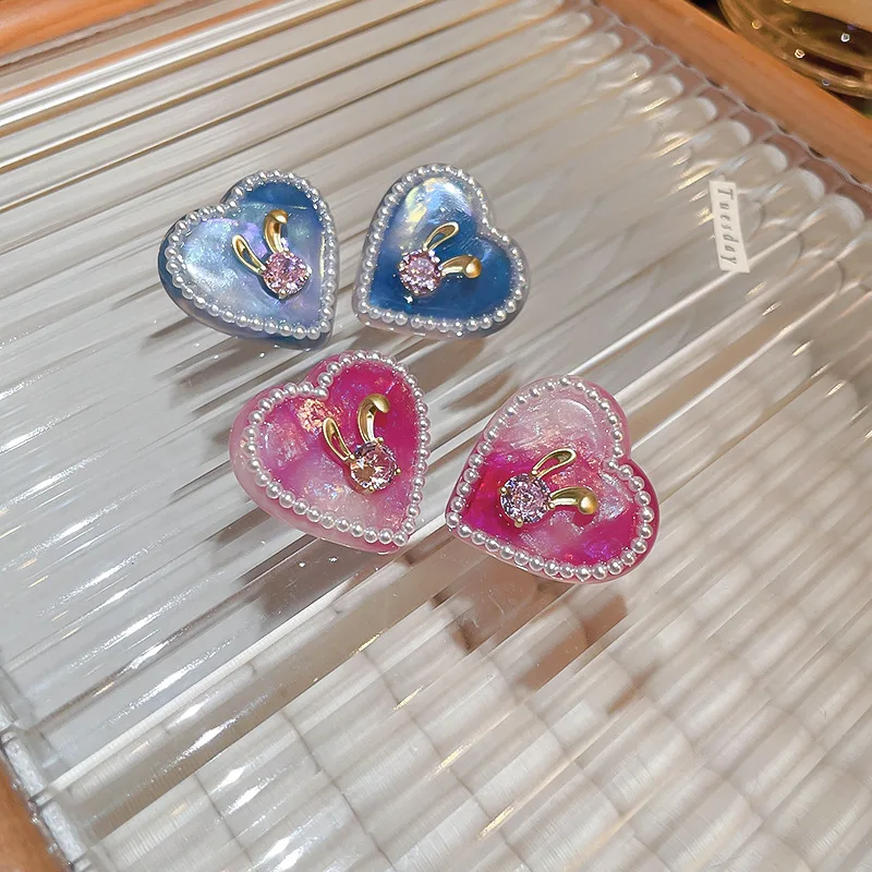 

Korean New Sweet Cute Rabbit Blue Pink Heart Stud Earrings For Women Fashion Bijoux Sweet Boucles d'oreilles Brincos Wholesale