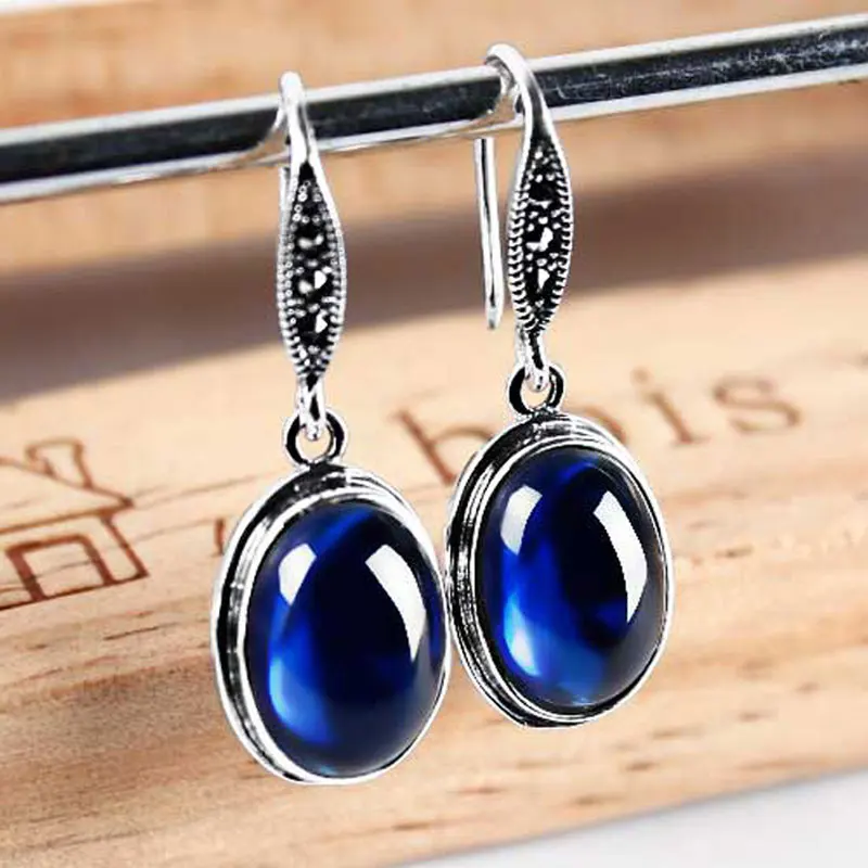 

ZHJIASHUN 100% 925 Sterling Silver Drop Earrings For Women Vintage Sapphire Garnet Round Earring Thai Silver Jewelry Female