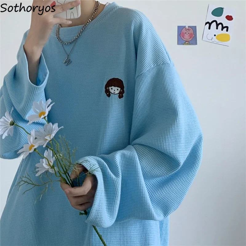 

Милые женские толстовки с капюшоном и мультяшной вышивкой, вафельная толстовка с круглым вырезом, популярная парная Повседневная Уличная одежда, Весенняя уютная стильная популярная одежда