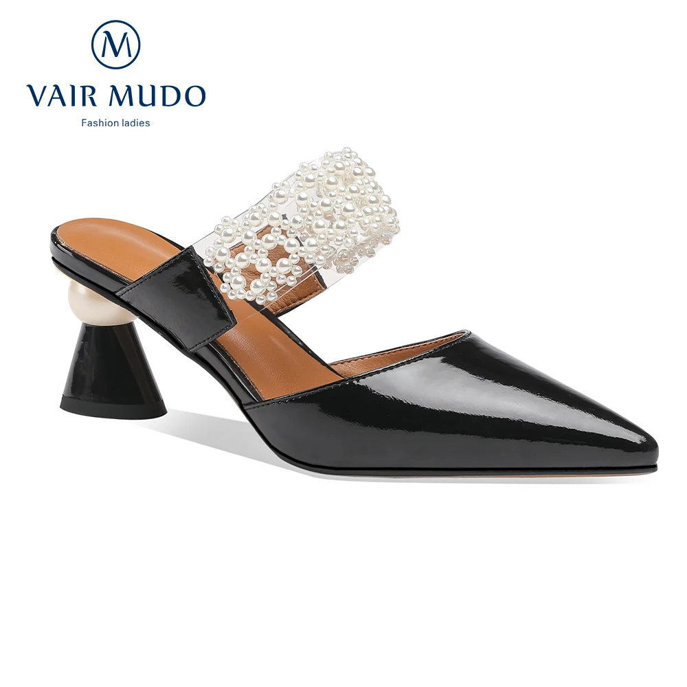 

VAIR MUDO Lady Patent Leather Thick Heels Pointed Toe Sexy Elegant Women Slippers Slip On Solid Summer Fashion Outdoor Footwear