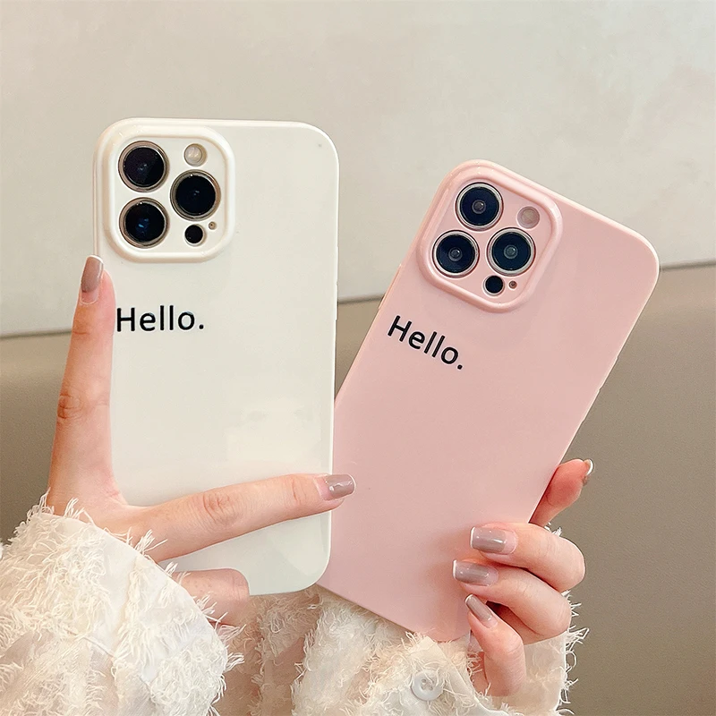 

Pink White Hello Phone Case For iPhone 13 Pro Max 14 12 11 Soft Silicon Shockproof Lovely Cover Funda