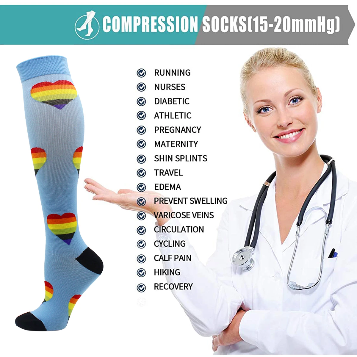 Compression Socks Men Women Best Graduated Athletic 15-20 mmHg Professional Nursing Socks Outdoor Travel Sports Running Socks