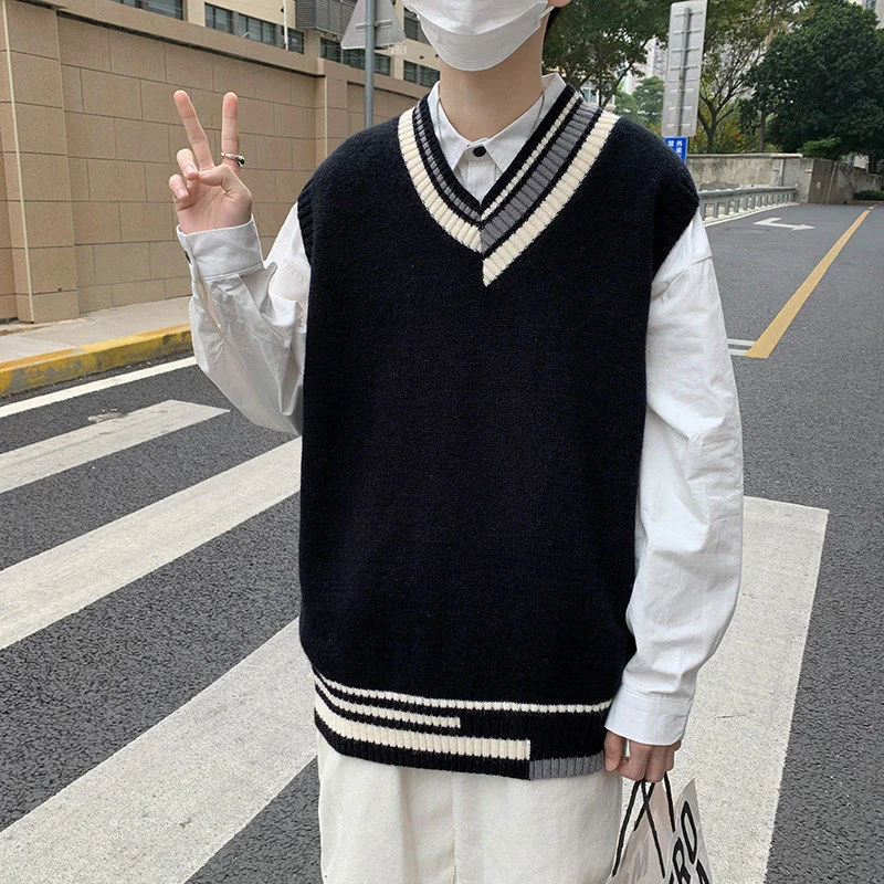 

Вязаная женская модная теплая зимняя одежда в стиле колледжа, Мужской пуловер с V-образным вырезом, черные свитера
