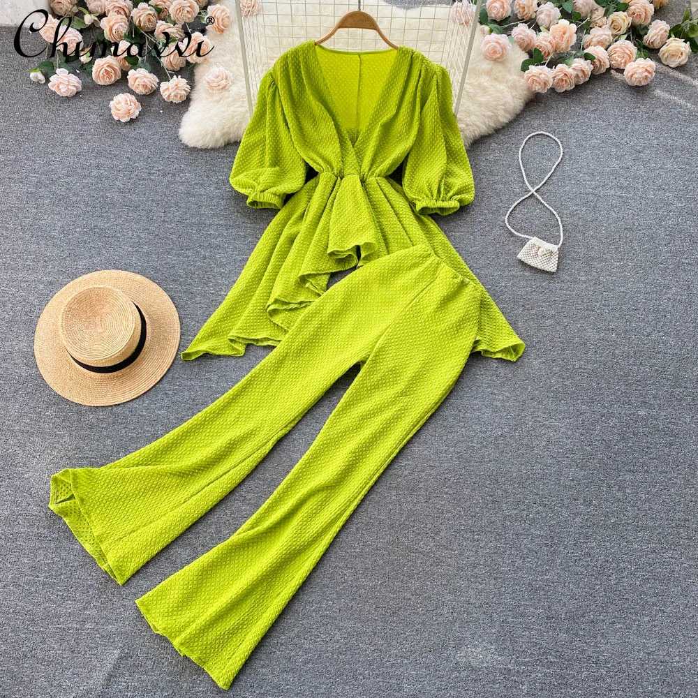 

Elegant Women's Suit 2022 Spring and Summer New Fashion Loose V-neck Irregular Shirts Top Bootcut Pants Feminine Two-Piece Set