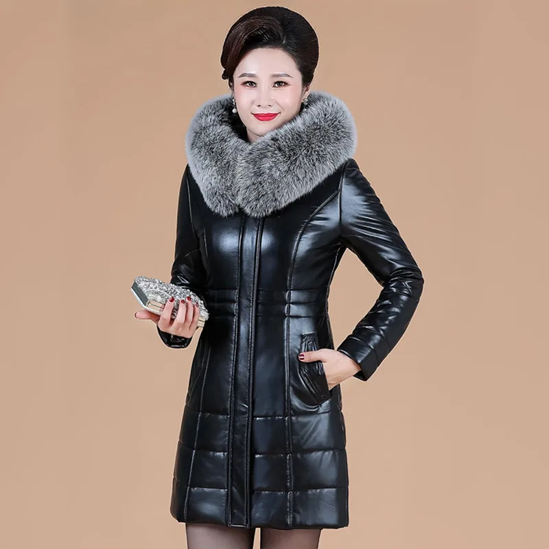 L-8XL Mother Leather Coat Winter Nice Women Split Sheepskin Jacket Thicken Warm Faux Fur Collar Hooded Outerwear Long Overcoat