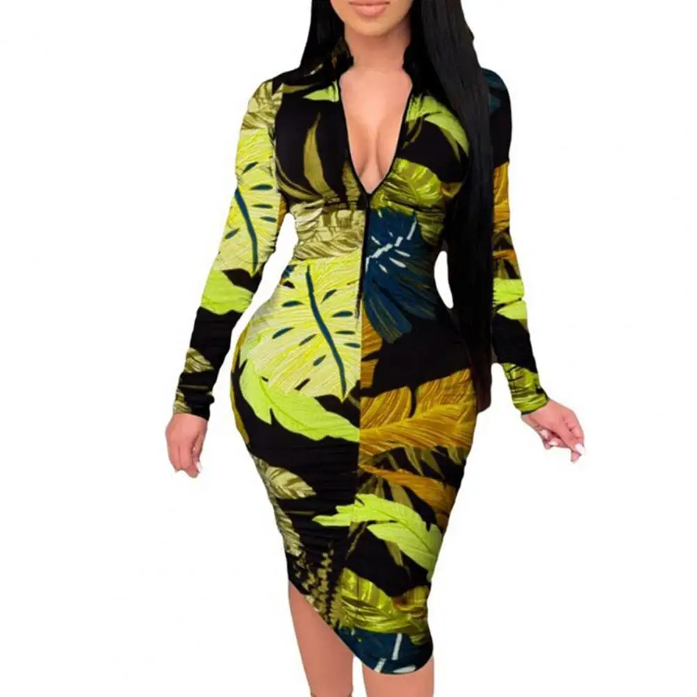 

Fabulous Knee Length Sheath Dress Women Sheath Dress Deep V Neck Printed