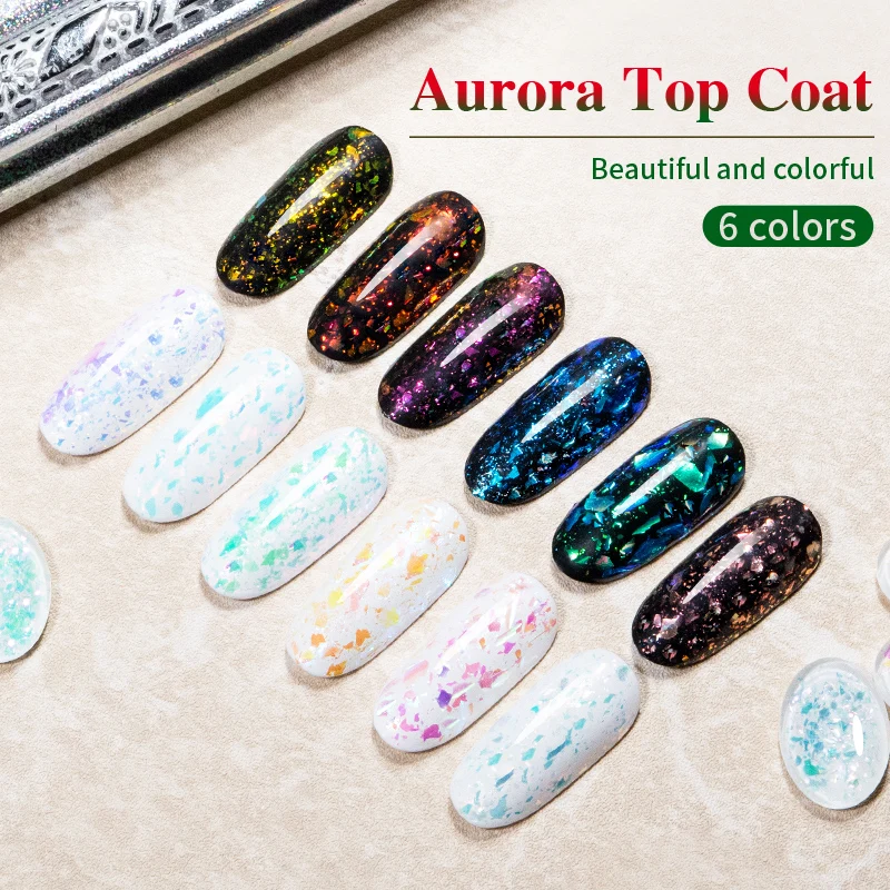Aurora Top Coat Nail Gel 6 Colors Glitter Sequins Sealer Soak Off UV Polish 7.5ML Art Design Hybrid Varnish | Красота и здоровье
