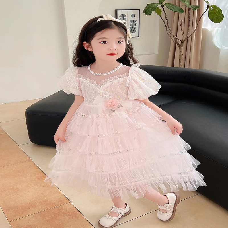 Летнее платье для девочек 2024 модное однотонное платье-трапеция с цветочным