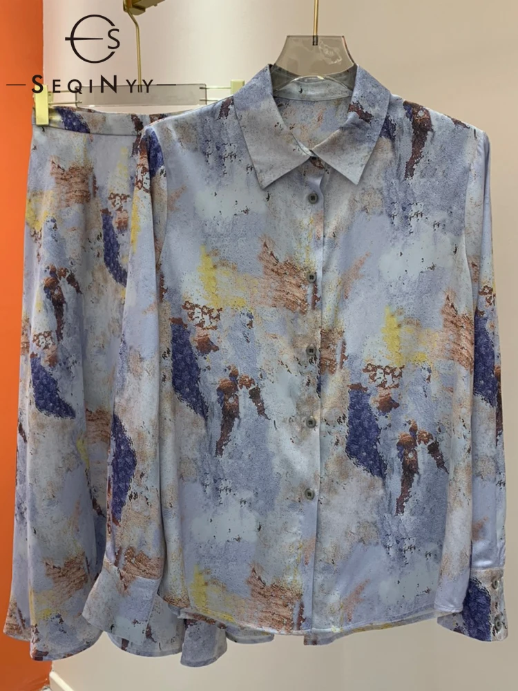 

SEQINYY Vintage Set Summer Spring New Fashion Design Women Runway Shirt + Midi Skirt Ink Print High Street Elegant