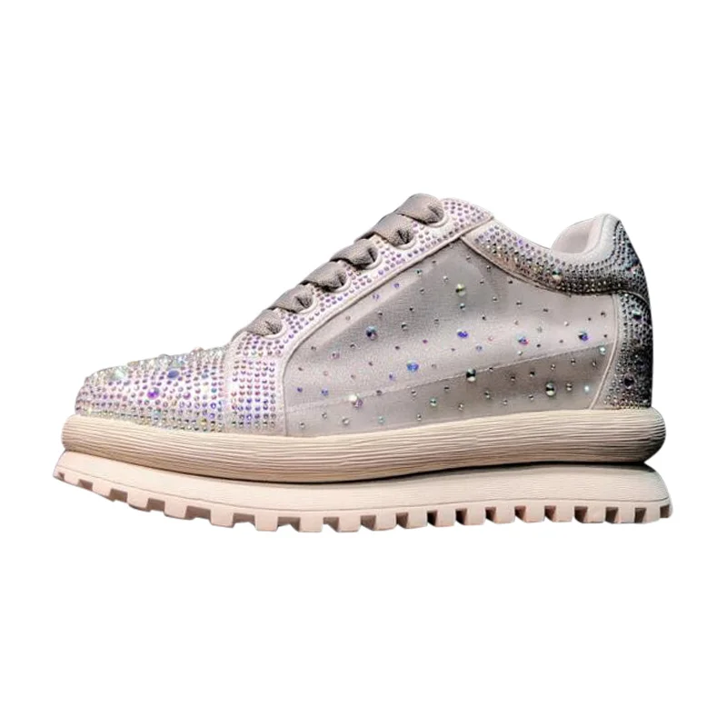 

Inner Height Increase 7cm Women's Shoes Spring and Autumn New Leather Elevator Shoes Rhinestone Breathable Casual Platform Shoes