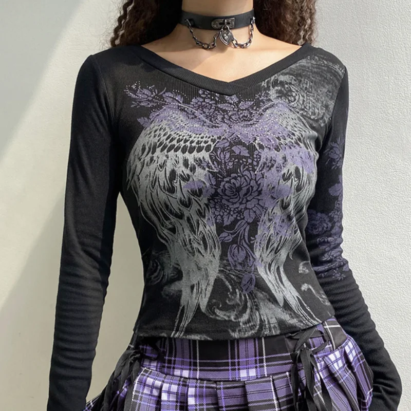 

Mall Goth Print Women Black Autumn Graphic T Shirt 2021 Vintage Fairy Tee Core Grunge Casual O Neck Long Sleeve Short Top Y2K