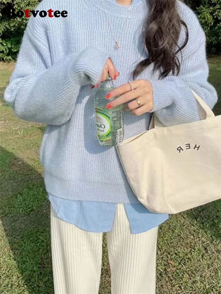 Женский свитер свободного покроя с длинным рукавом и круглым вырезом |