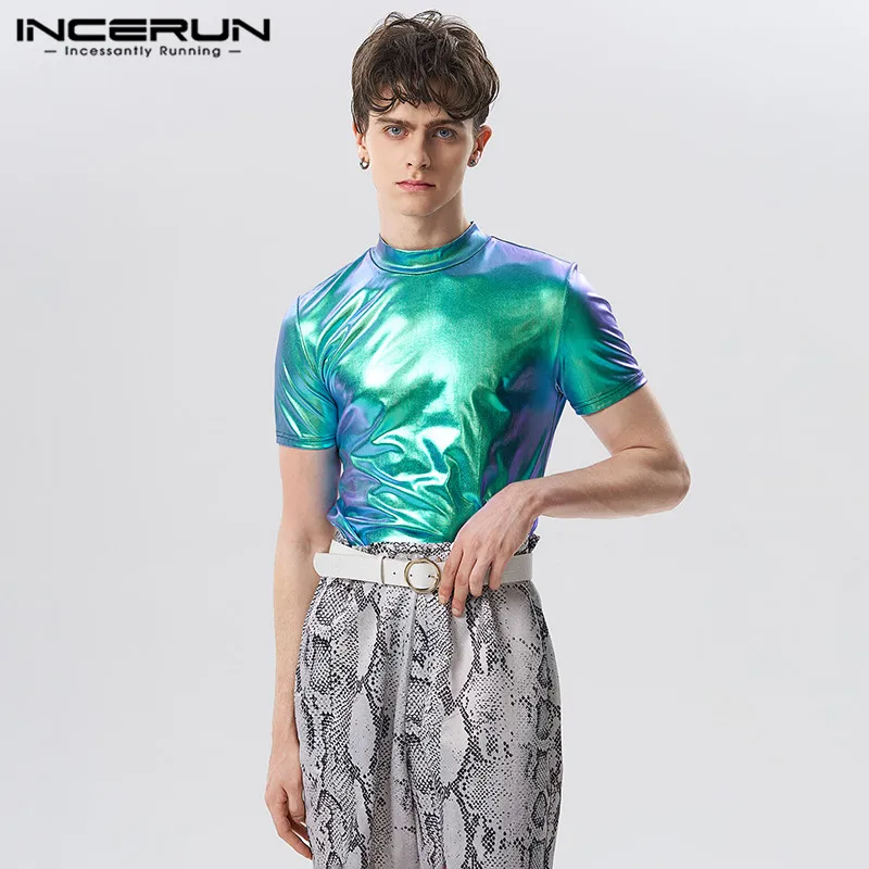 

INCERUN Tops 2023 America Style New Mens Flash Bicolor T-shirts Casual Party Shows Hot Selling Tight Short Sleeve Camiseta S-5XL