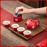 ceramic red wedding tea set teaware porcelain chinese teapot tea caddy cup double happiness kettle with gift box party banquet