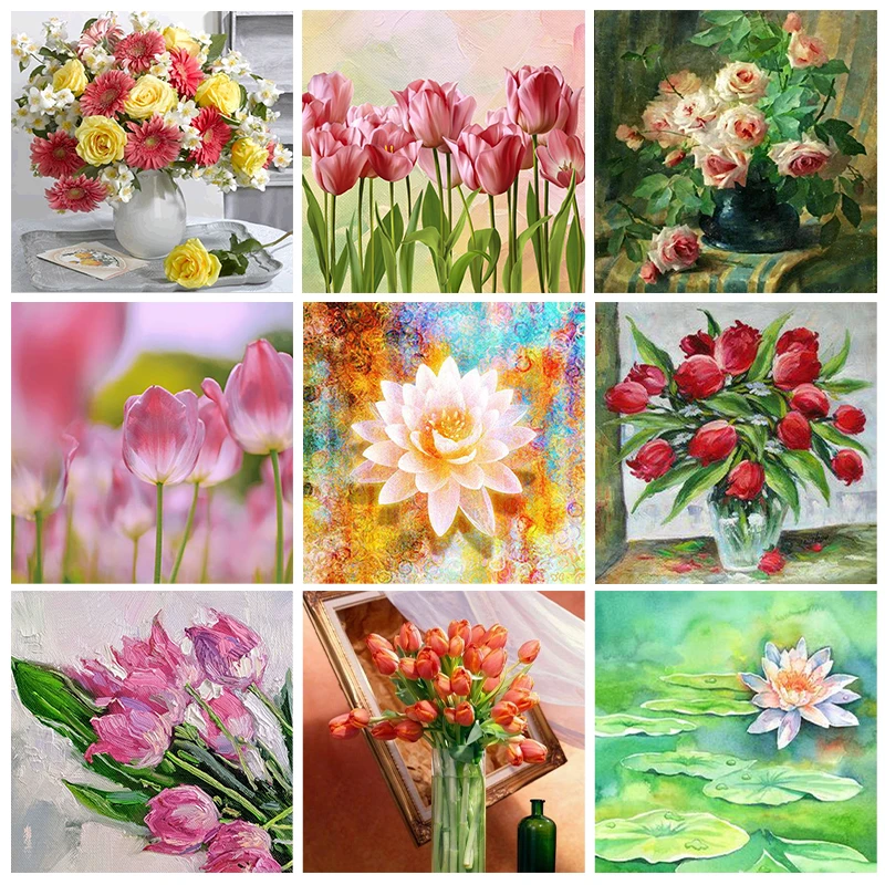 

Flower 5D Diamond Painting Tulip Lotus Rose Gerbera Full Diamond Mosaic Diamond Embroidery Kit DIY Rhinestone Home Decoration
