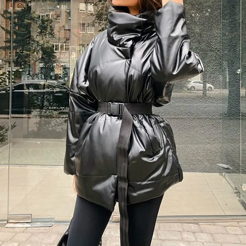 Winter Women Overszied Cotton Coat Jacket Parkas Thick Warm with Belt Casual New Loose Pocket Bubble Khaki Short Jackets Black