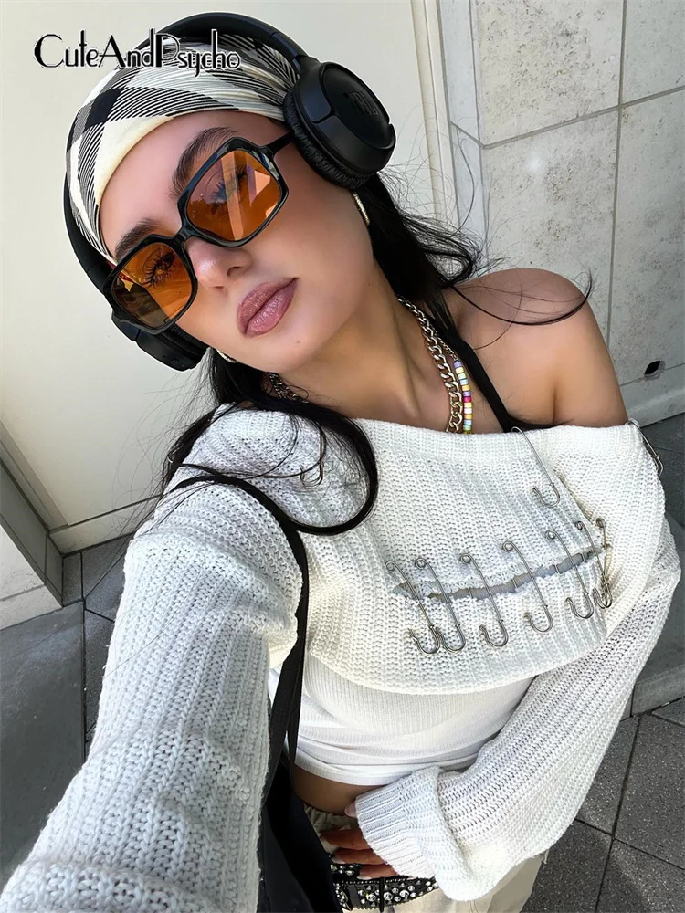 

Cuteandpsycho Y2K Slash Neck Knit Crop Top Vintage Aesthetic Pins White Loose Pullovers Casual Long Sleeve Autumn Knitwear Chic