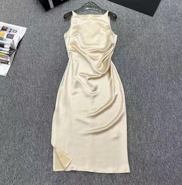 

Top Quality New 2023 Summer Dress Women Pleated Deco Split Sexy Mid-Calf Length Party Celebrity Lady Elegant Dress Vestidos